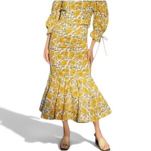 EDDY Patsy Fluted Yellow Floral Ruffle Mermaid Pencil Midi Skirt Size L Cotton